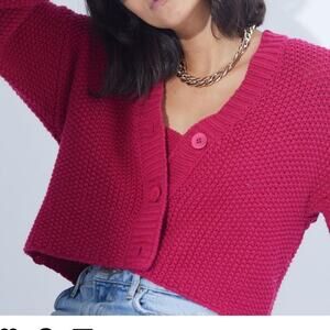 Amur Cardigan Sweater Pink Crochet Cropped Button Front Long Sleeve V-neck Sz M